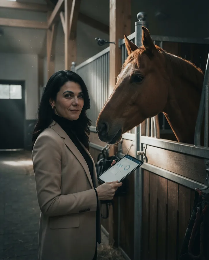 Nicolett Menge mit einem Tablet in der Stallgasse, ein Pferd schaut aus der Box