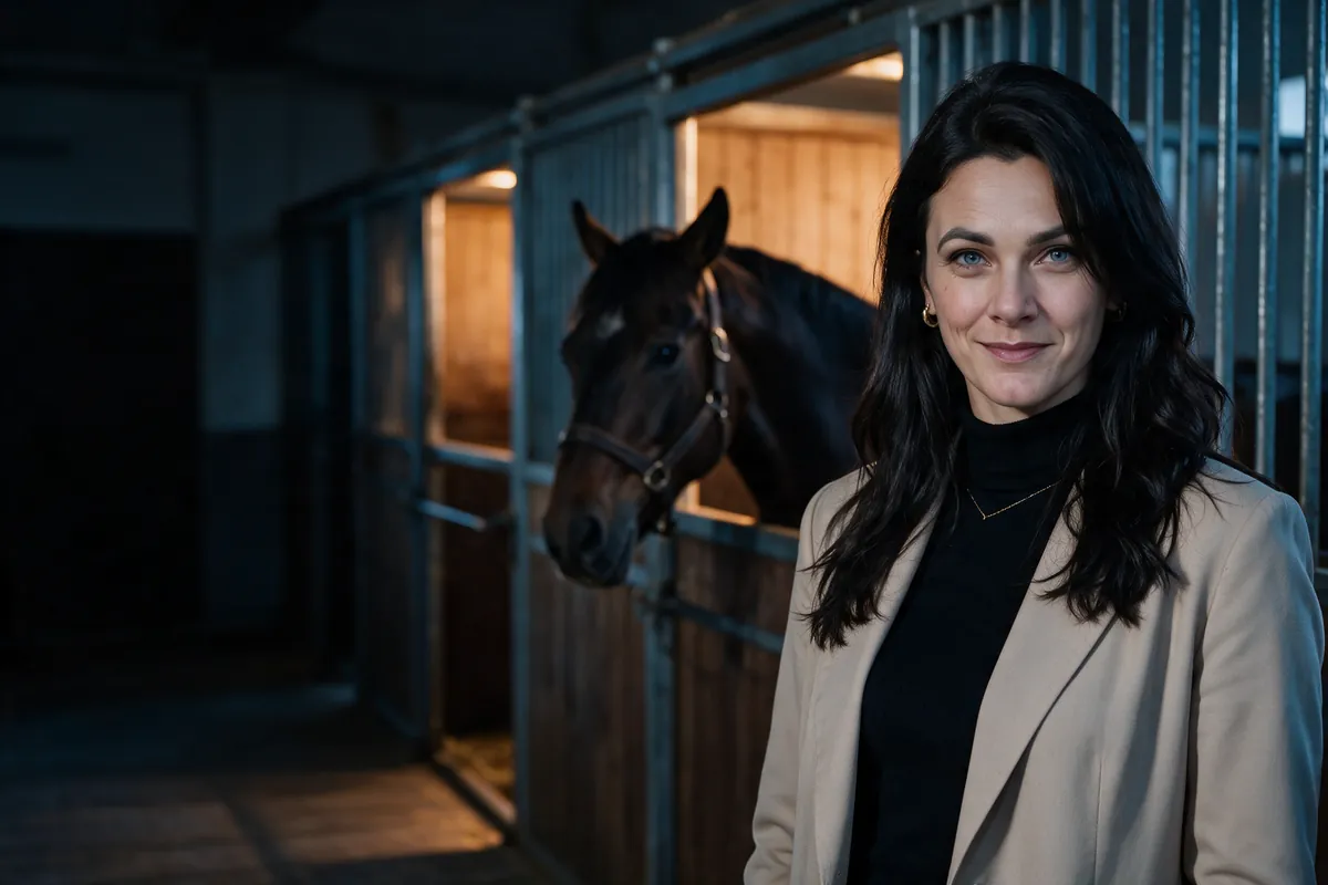 Nicolett Menge im Stall, hinter ihr schaut ein dunkles Pferd aus der Box