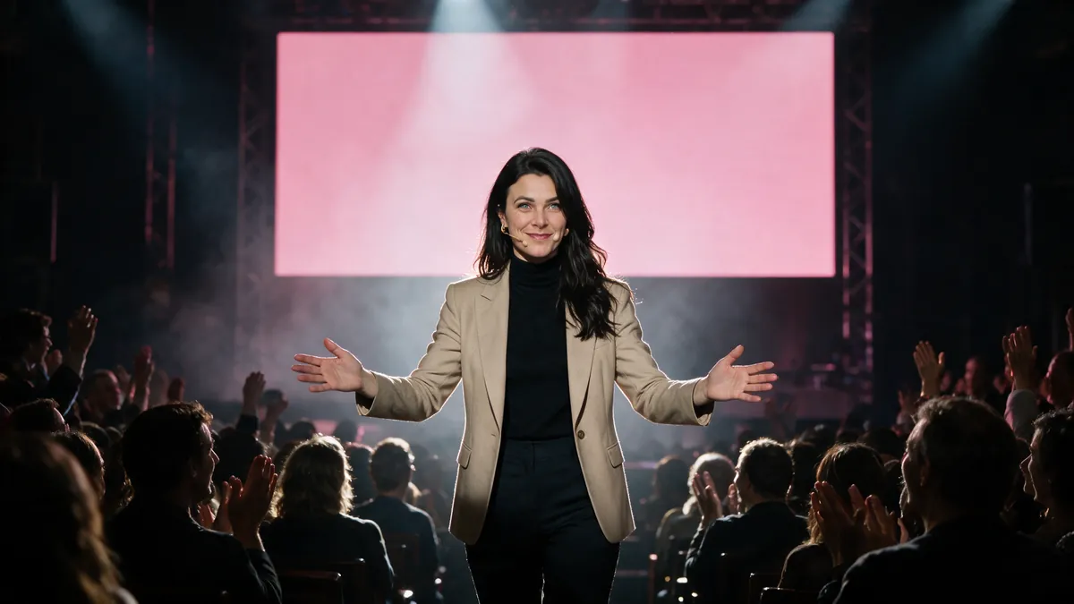 Nicolett Menge auf der Bühne vor vollem Saal, hinter ihr pinkes Licht