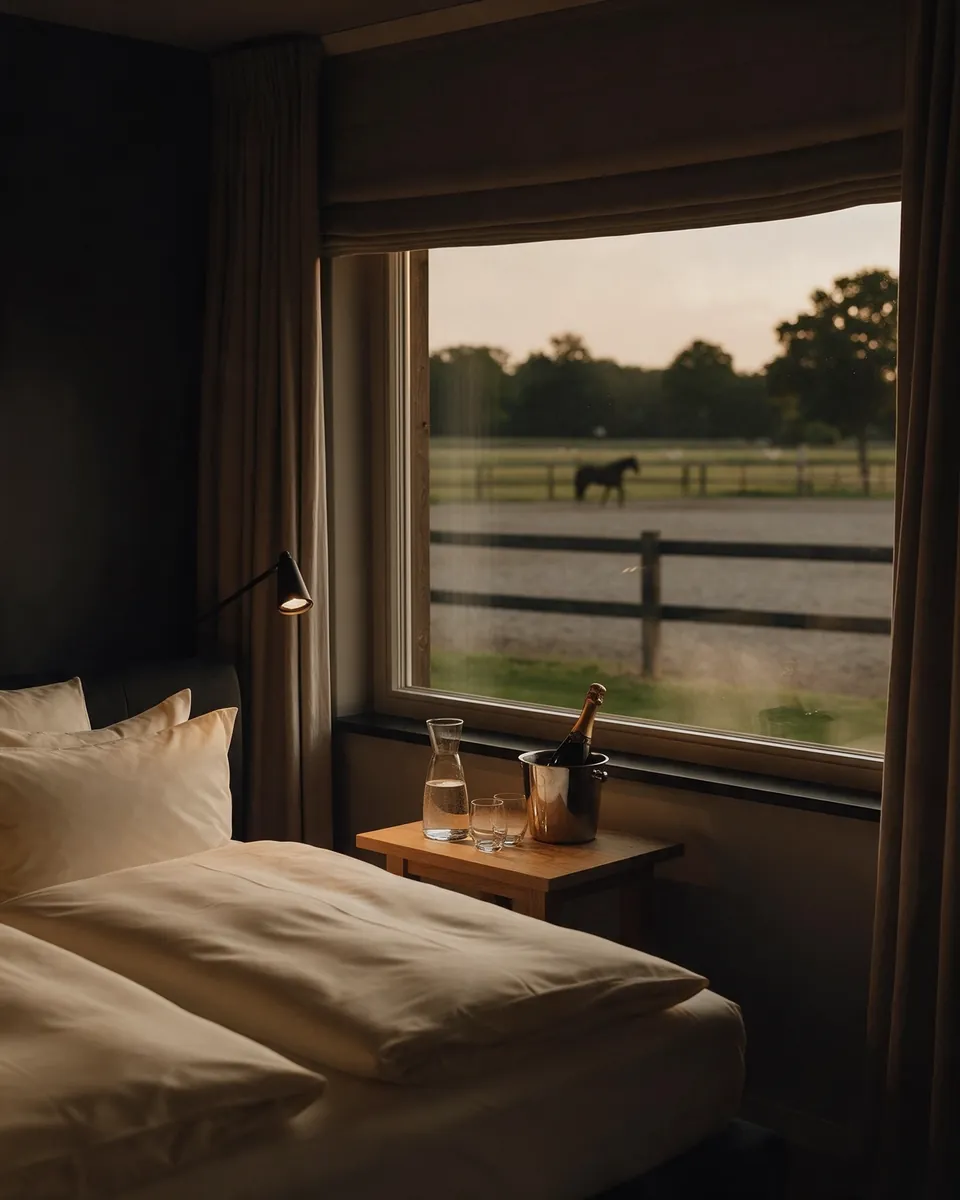 Gemütliches Schlafzimmer mit Bett, Kerzenlicht und Blick auf eine Koppel mit Pferd